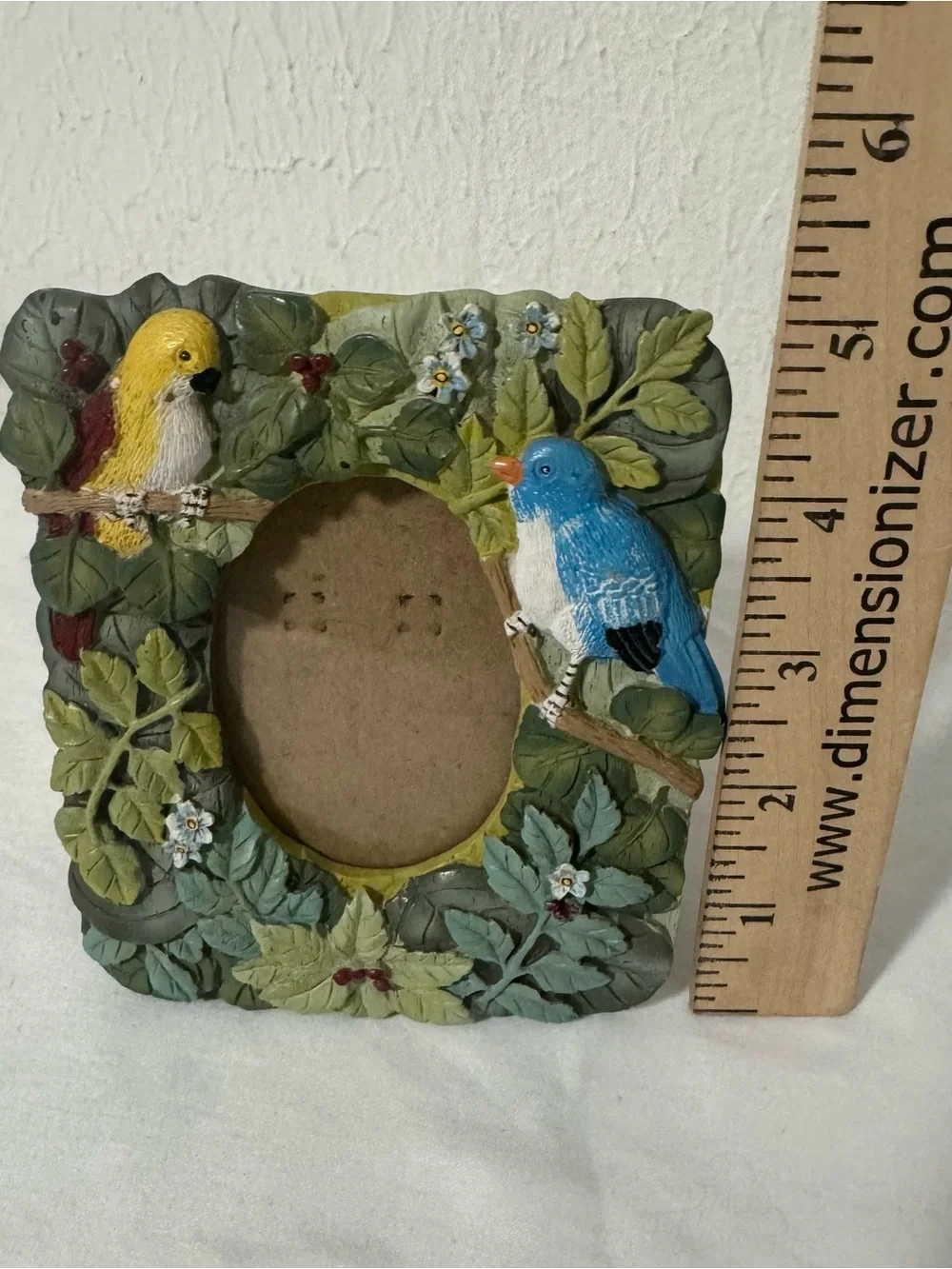 Vintage Green Leaf Picture Frame with Blue and Yellow Birds Ceramic Colorful